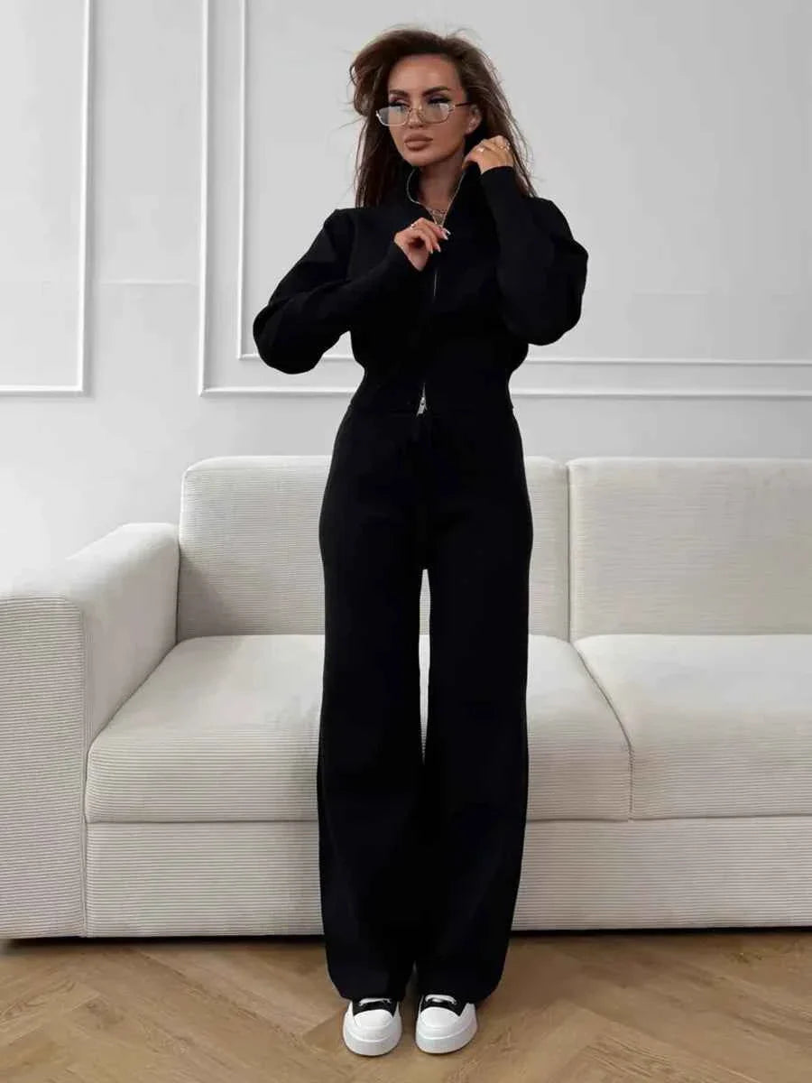 Knit Zip Cardigan & Wide Leg Pants Set THRIXINE