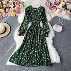 YuooMuoo Korean Fashion Cherry Print Women Dress 2025 New Spring Vintage Bandage Slim Waist Long Dress Elegant Party Vestidos