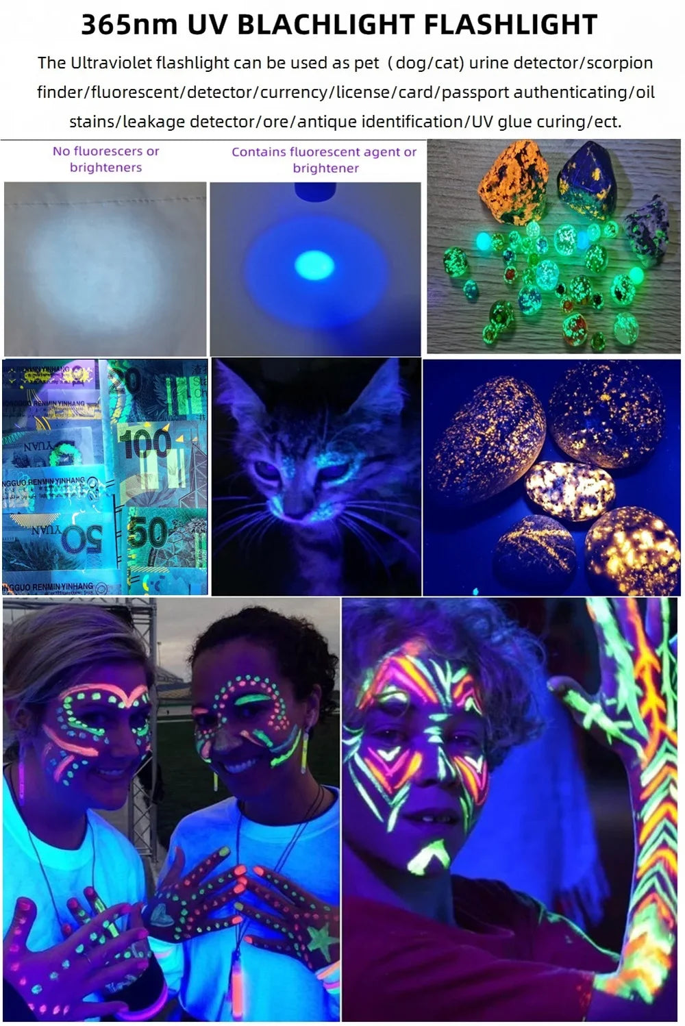 365nm/395nm Uv flashlight Invisible Blacklight Ultraviolet Torch PenLight Money Pet Stains Money Marker Checker Use AA battery Lootquake LLC