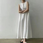 2022 Minimalist Chic Loose Swing Sleeveless Mid-length Casual Cotton Linen Long Dress  Round Neck High Waist Women Runway Dress