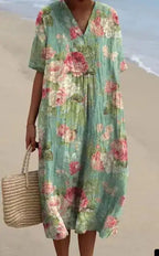 Casual Short Sleeved V-neck Big Swing Dress 2024 New Women's Loose Printed Long Dress Female Retro Flower Print Pullover Dresses
