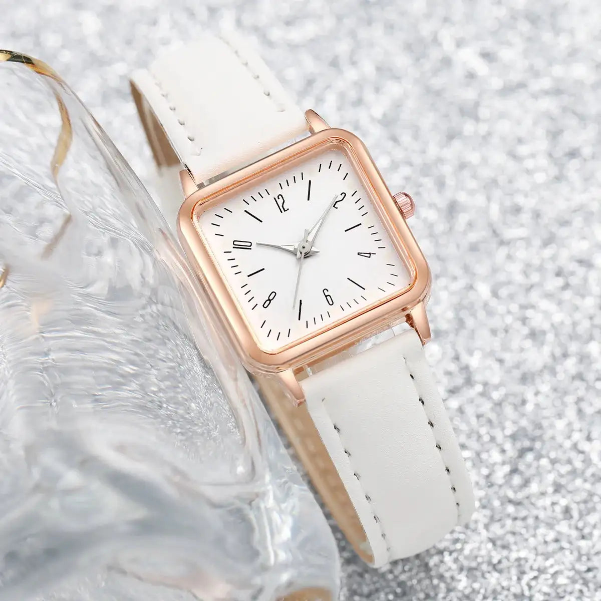 3PCs/Set Women's Fashion Watch Square Simple Dial Leather Quartz Watch Set