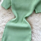 Green 2024 Sexy Summer Knit Short Sleeve Dress Women Squar Collar Waist Bodycon Sundress Female Beach  Backless Long Dress