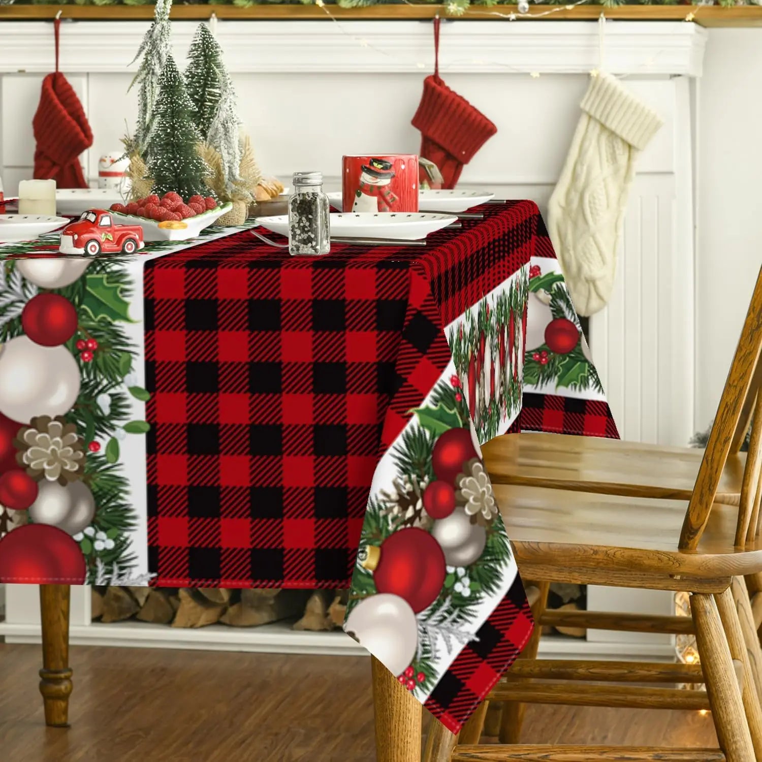 Christmas Ball Ornaments Red Bufalo Plaid Rectangle Tablecloth Dining Room Decor Reusable Table Cover Xmas Party Decorations Lootquake LLC