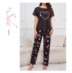 Women's Sleepwear Cozy Heart Print Relaxed Fit Pajama Set Short Sleeve Tee Top & Pants Nightwear 2 Piece Pyjama for All Seasons Lootquake LLC