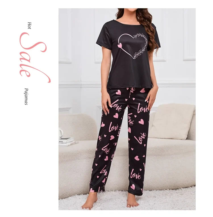 Women's Sleepwear Cozy Heart Print Relaxed Fit Pajama Set Short Sleeve Tee Top & Pants Nightwear 2 Piece Pyjama for All Seasons Lootquake LLC