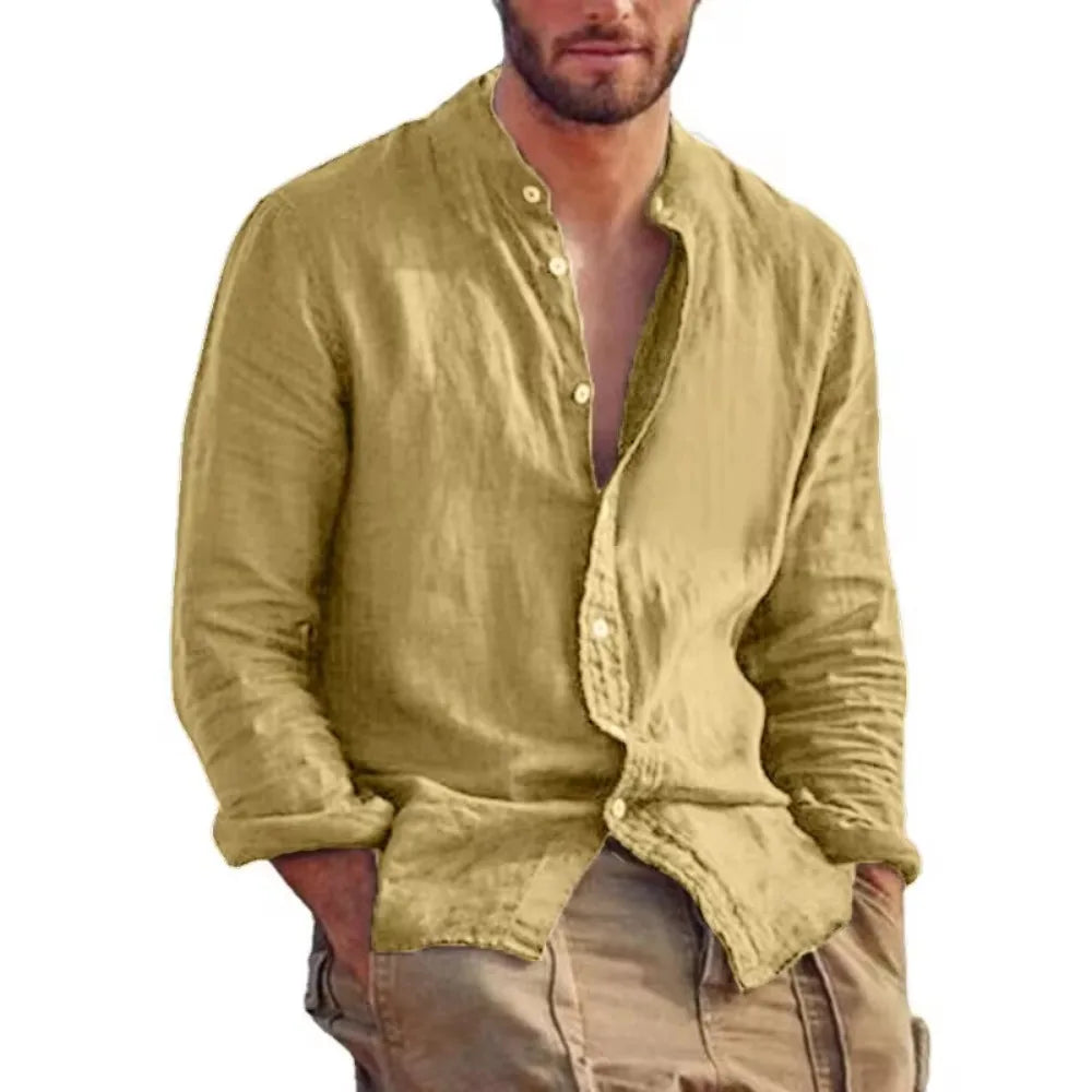New Mens Long Sleeve Linen Shirt Stand Up Collar Casual Lightweight Mens Shirts Breathable T Shirts Hawaiian button Shirt Lootquake LLC