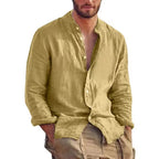 New Mens Long Sleeve Linen Shirt Stand Up Collar Casual Lightweight Mens Shirts Breathable T Shirts Hawaiian button Shirt Lootquake LLC