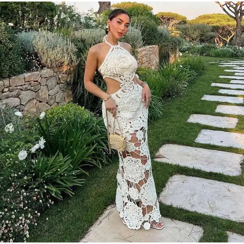 Fashion Hollow Out Halter Maxi Dress For Women 2024 Sexy Sleeveless Backless Long Dress Holiday Hook Flower Knitted Beach Robe
