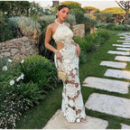 Fashion Hollow Out Halter Maxi Dress For Women 2024 Sexy Sleeveless Backless Long Dress Holiday Hook Flower Knitted Beach Robe