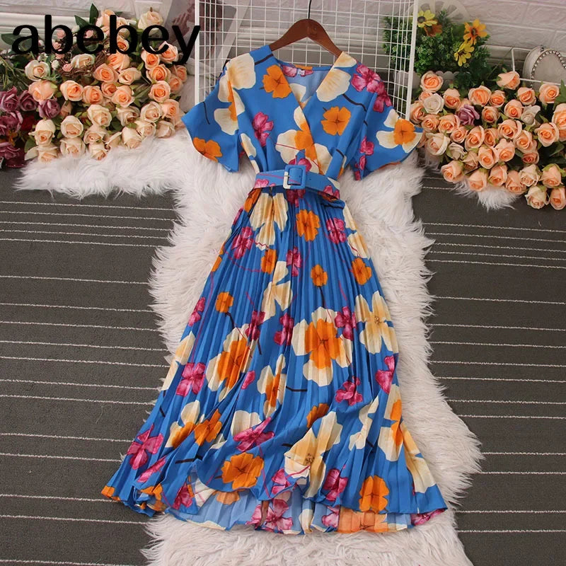 Women Dress Fashion Vintage Ins Bandage Slim Waist A-line Long Dress Vacation Beach Summer Outfits Lady Robe Femme Lootquake LLC
