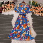 Women Dress Fashion Vintage Ins Bandage Slim Waist A-line Long Dress Vacation Beach Summer Outfits Lady Robe Femme Lootquake LLC
