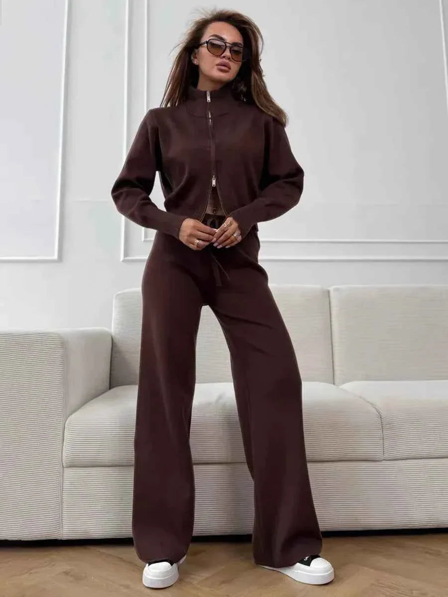 Knit Zip Cardigan & Wide Leg Pants Set THRIXINE