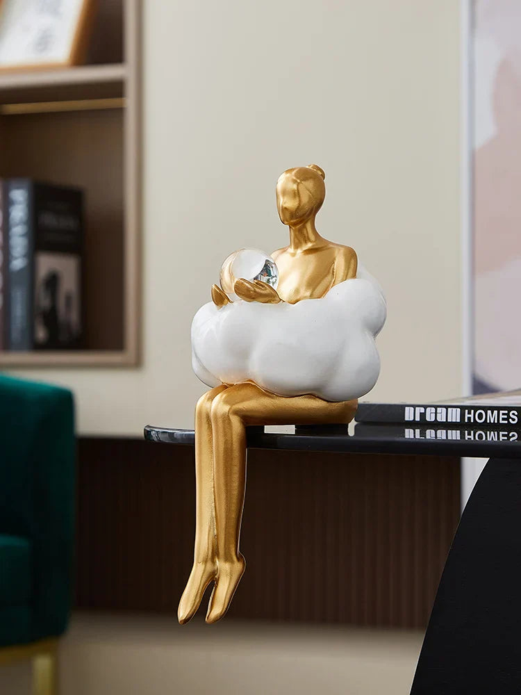 Sitting ballet girl art Golden sculpture Sitting posture ornament home accessories Statuettes Figurines office decor Statues Lootquake LLC