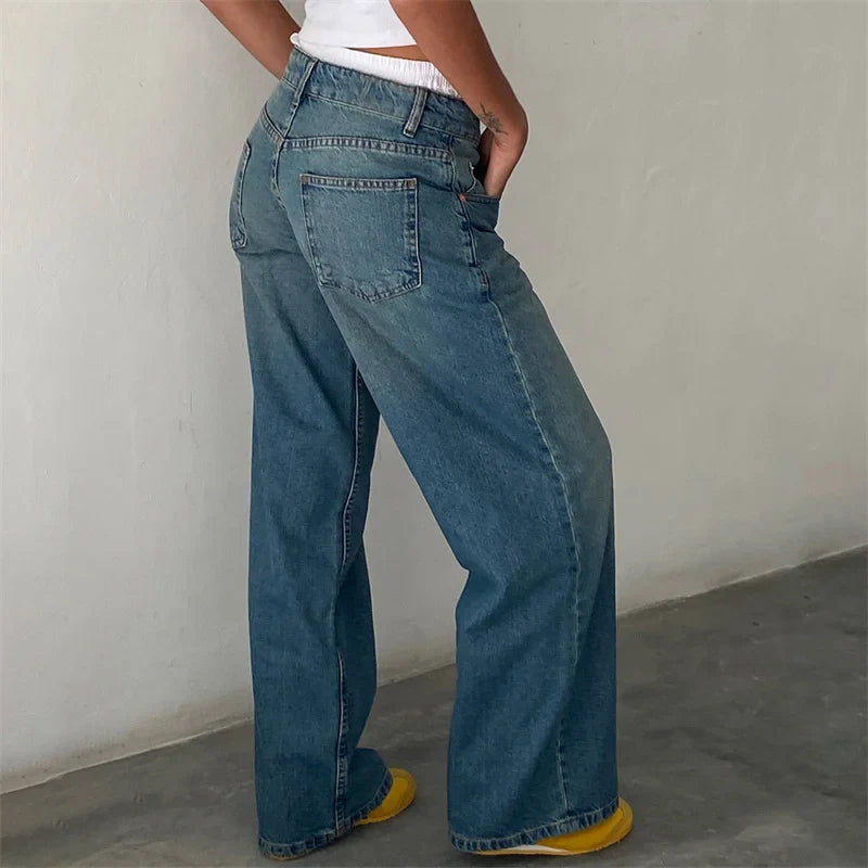Lamuusaa Jeans y2k Clothes Women Solid Color Low Waist Waist Wide Leg Denim Pants Trousers with Multi Pockets 2000s Streetwear Lootquake LLC