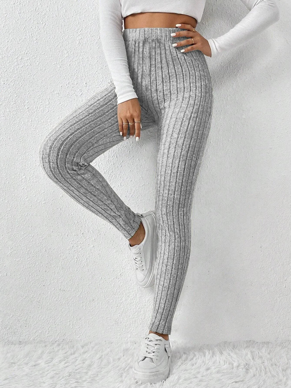 Ribbed Knit Mid-Calf Leggings for Women THRIXINE