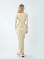 Women Spring Autumn Lace-up Knit Dress Elegant Long Sleeve Crew Neck Ribbed Solid Color Long Dress Streetwear