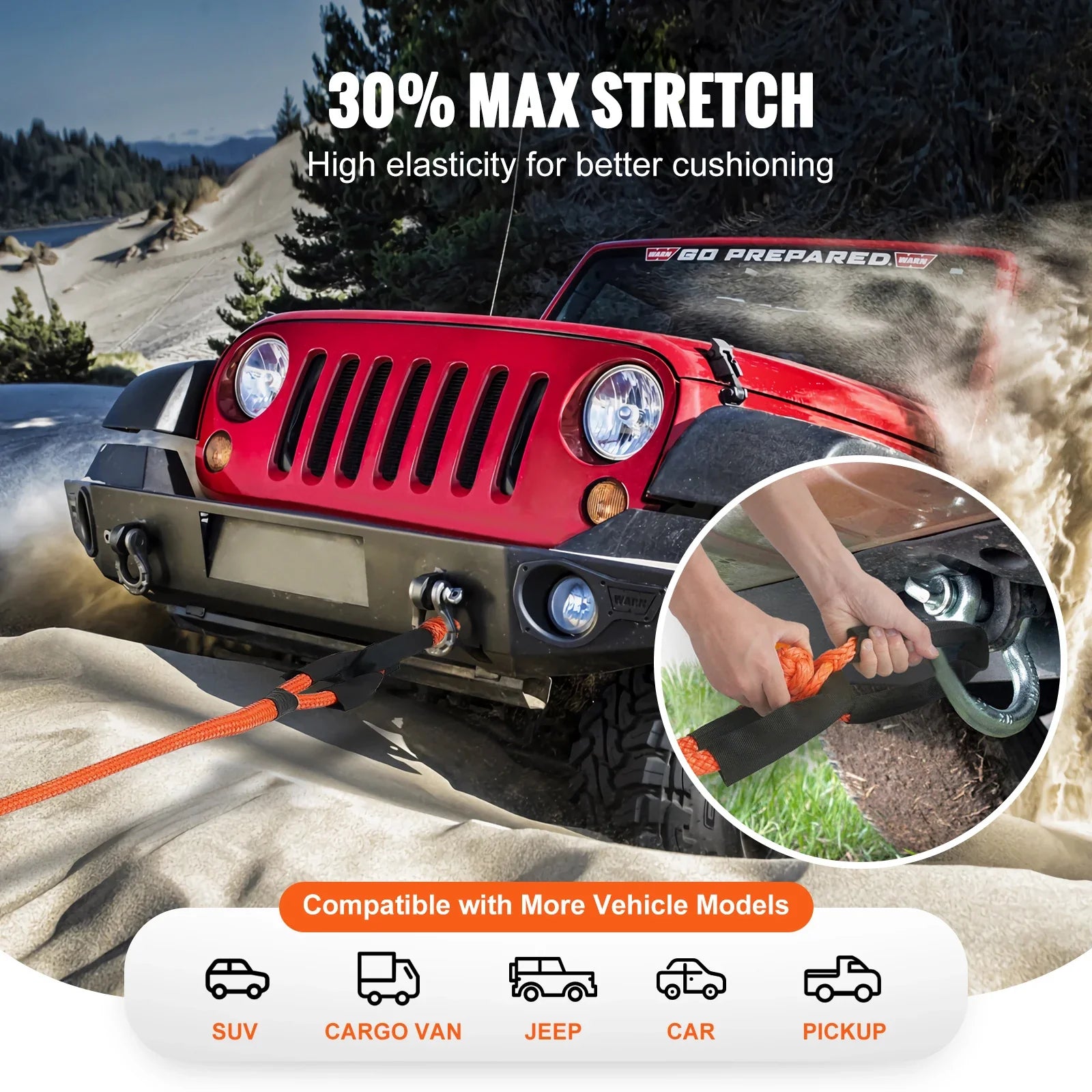 SucceBuy 20/30ft Car Towing Rope Off Road Snatch Tow Strap Rescue Recovery Resistant Which Rope for Jeep Car Truck ATV Tractor Lootquake LLC