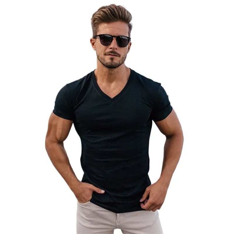 Men Fashion V Neck Short Sleeve Fitness Workout Summer Breathable Cotton - SJB-DIAMOND ELITES