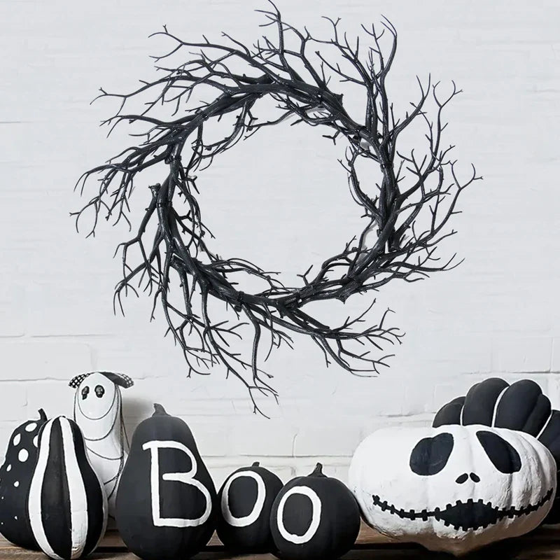Black Halloween Wreath Artificial Branches Door Garland Wreath Halloween Decorations Scary Home Indoor Outdoor Party Decor Lootquake LLC