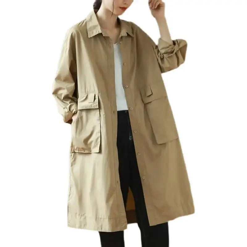 9290 Spring Fall Trench Coat Women Mid Length Windbreaker Single-breasted Double Pockets Casual Loose Overcoat Female Outerwear
