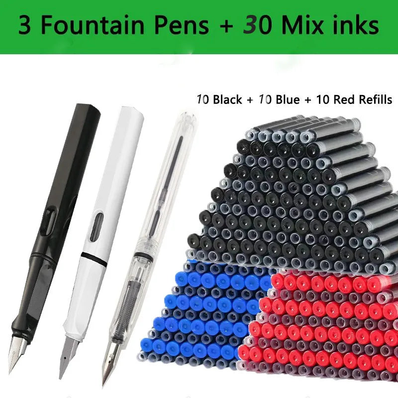 33 Pcs Kawaii Fountain Pen Replaceable Ink Set Black/Blue/Red ink EF 0.38mm School Pens Office Supplies Stationery for Writing Lootquake LLC
