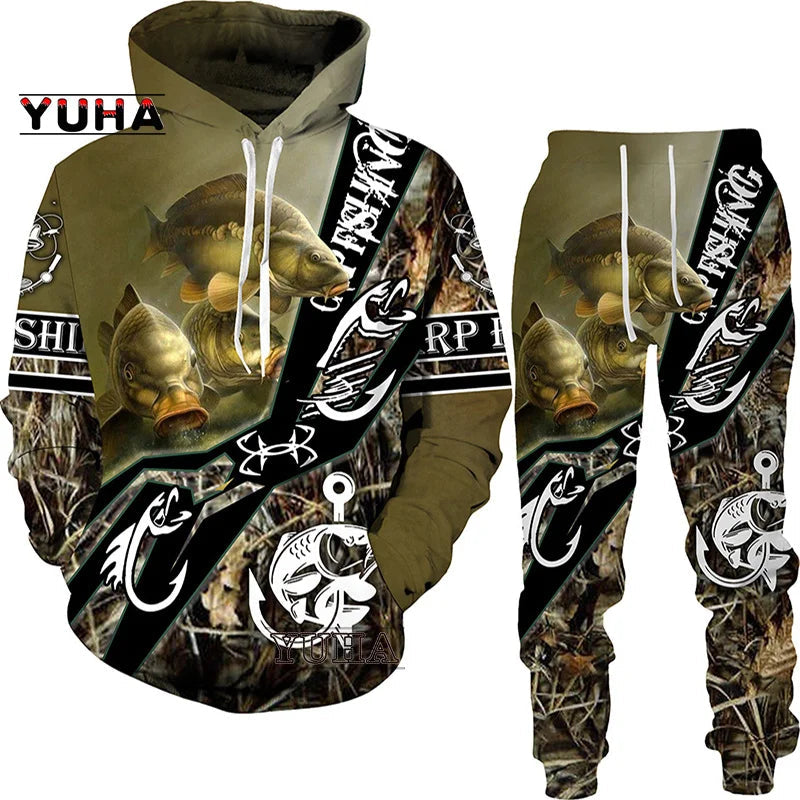 New 3D Fishing Art Print Casual Couple Hoodies Outfits Hip Hop Streetwear Hooded Sweatshirt+Sweat Pants Men's Tracksuit Set Lootquake LLC