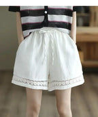 Cotton Linen Vintage High-Waist Elastic New Style Tie-Belt Embroidered Hollow Casual Straight Shorts
