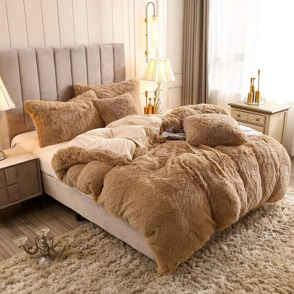 Camel King Size Faux Fur Velvet Plush Duvet Cover Set with Pillowcases, Ultra Soft & Warm Pi-Mart