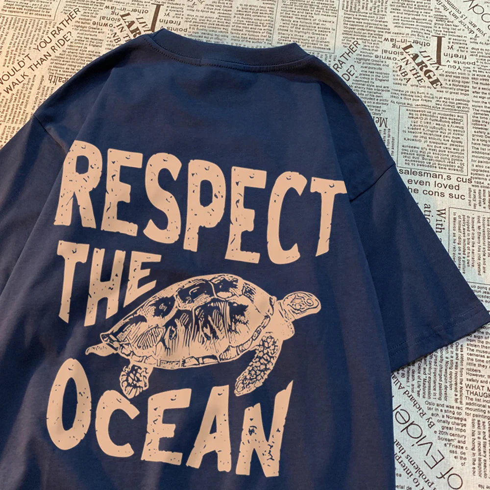 Respect The Ocean Green Turtle T Shirt Men Oversized Clothes Hip Hop Breathable Short Sleeve Harajuku Summer Cotton T-Shirt Lootquake LLC