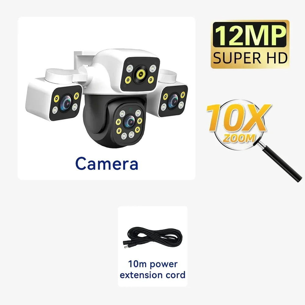 6K 12MP Outdoor WiFi Camera Three Screen Three Lens 10X Zoom PTZ Automatic Tracking Audible Visual Alarm Security Camera Lootquake LLC