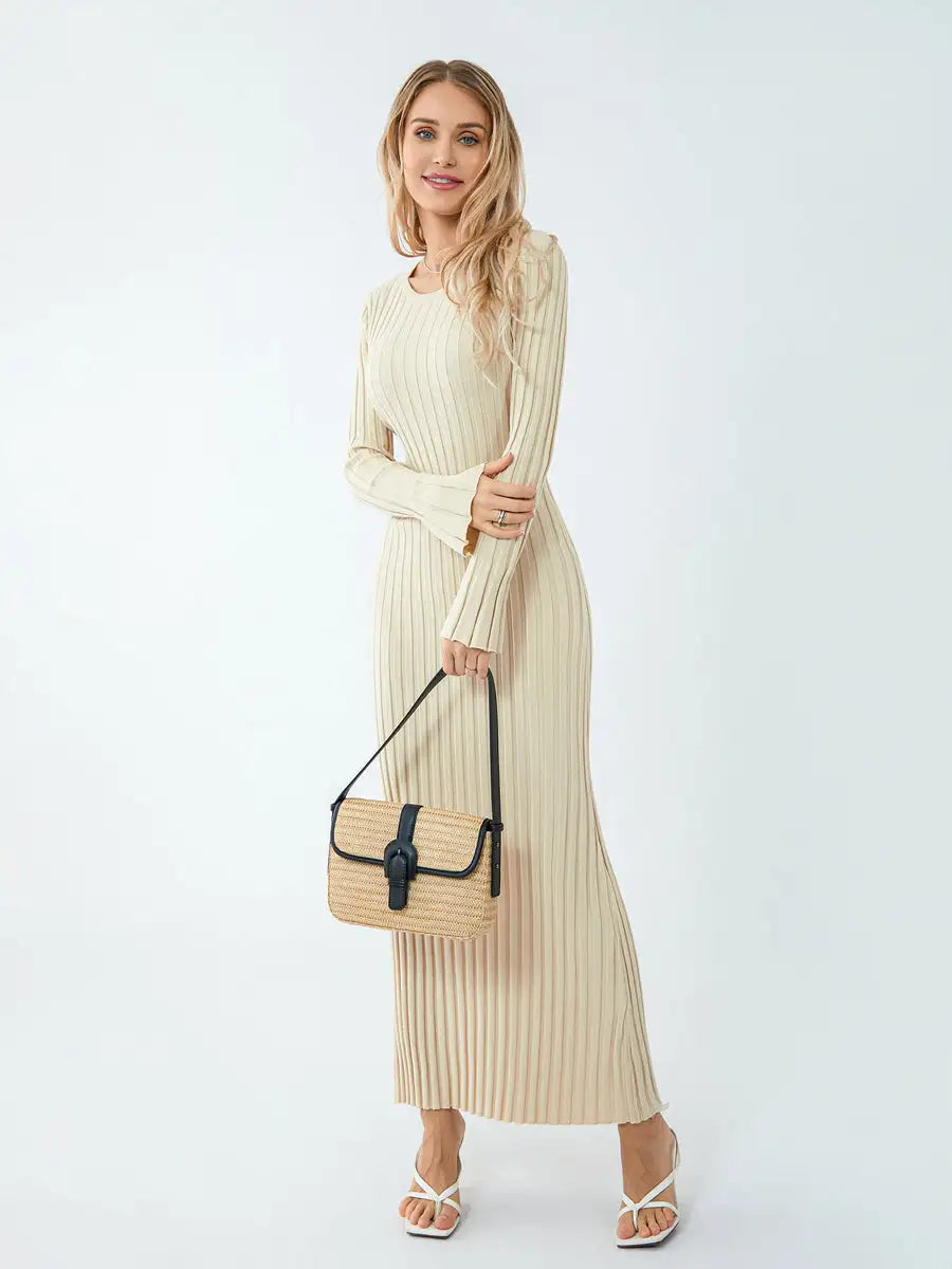 Women Spring Autumn Lace-up Knit Dress Elegant Long Sleeve Crew Neck Ribbed Solid Color Long Dress Streetwear