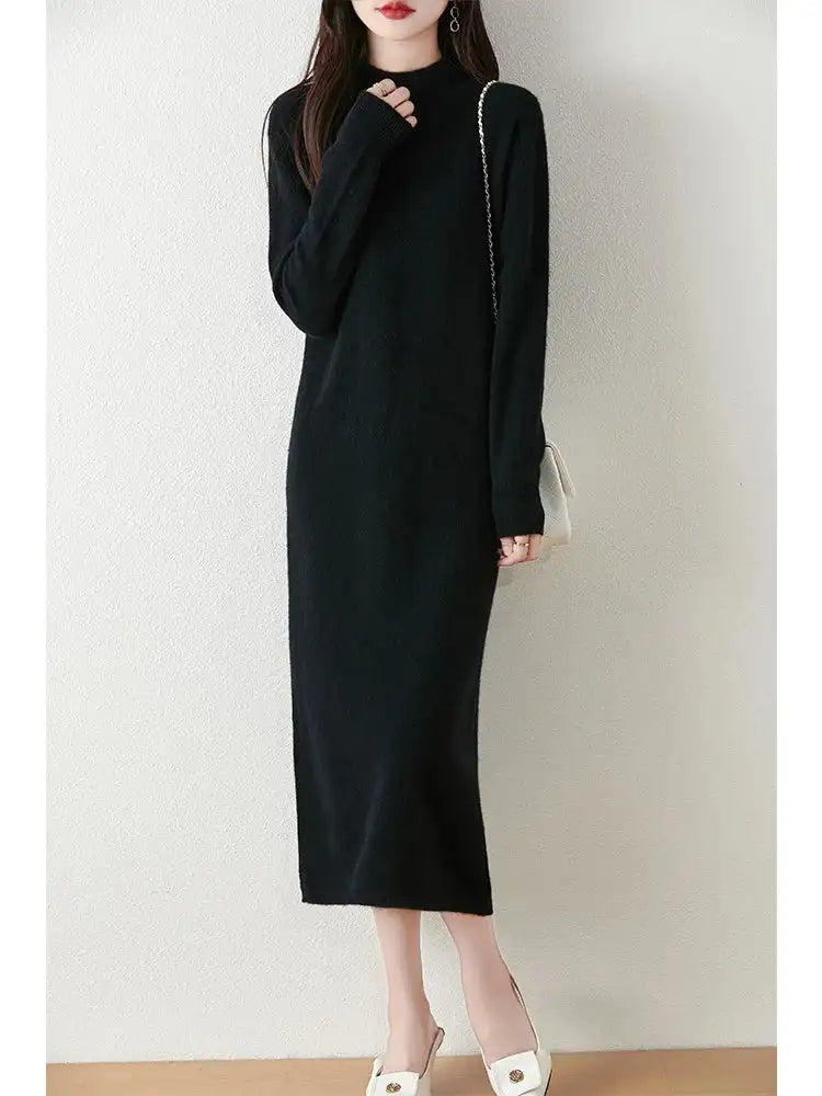 Autumn Winter Women's Wool Long Dress Cashmere Mock Neck Pullover Sweater 100% Merino Wool Soft Knitwear OL Simple Basic Dress Lootquake LLC