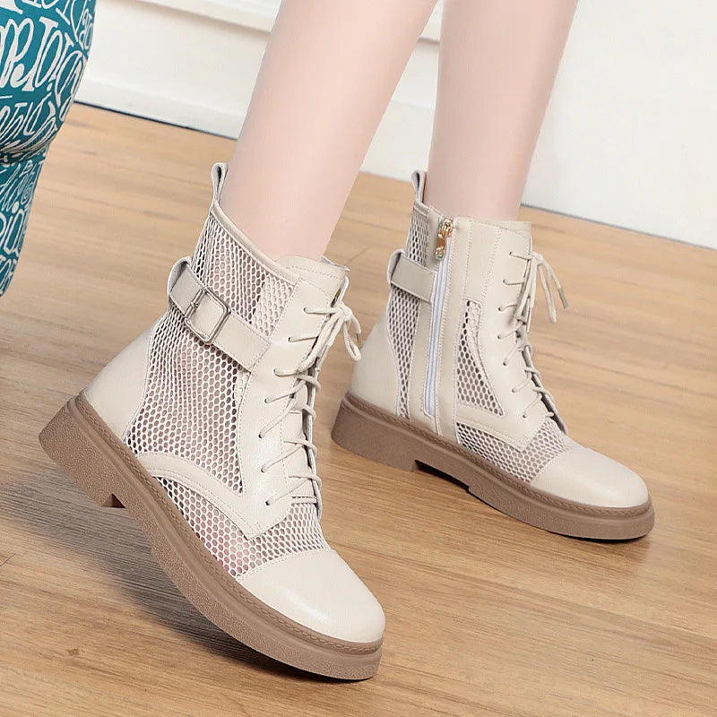 Spring Fashion Women Summer Mesh Lace-up Short Ankle Boots Versatile Casual Breathable Hollow Boots Platform Thin Shoes Grace Lootquake LLC