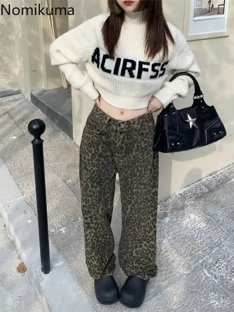 Vintage Leopard Print Pantalon Femme Wide Leg Pants Women High Waist Straight Y2k Jeans Casual Fashion Korean  Jean Trousers Lootquake LLC