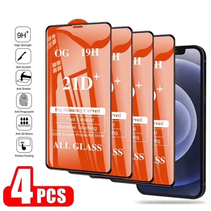 4Pcs 21D Tempered Glass for IPhone 13 11 Pro Max 12 Mini 7 8 6S Plus Screen Protectors for IPhone XS XR X SE Full Cover Glass High Quality Scratch Resistant Tempered Glass For iPhone Stevvex