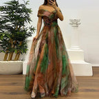 Women 2025 Pattern High Waist Party Dress Sexy Slit Mesh Cocktail Gala Dress Fashion One Shoulder Female Pleated Evening Dress