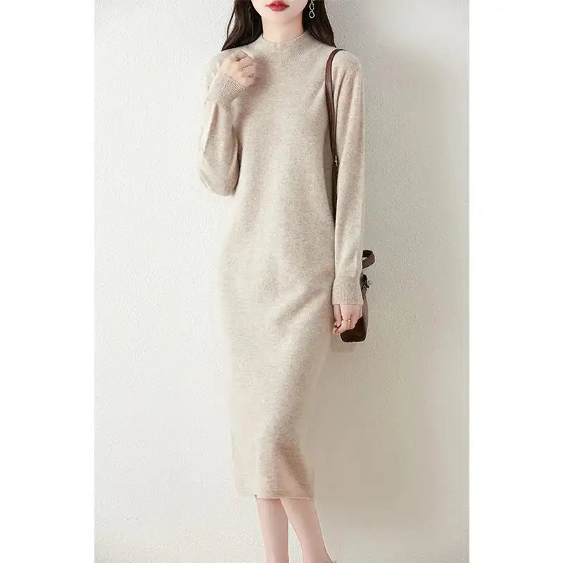 Autumn Winter Women's Wool Long Dress Cashmere Mock Neck Pullover Sweater 100% Merino Wool Soft Knitwear OL Simple Basic Dress Lootquake LLC