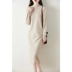 Autumn Winter Women's Wool Long Dress Cashmere Mock Neck Pullover Sweater 100% Merino Wool Soft Knitwear OL Simple Basic Dress Lootquake LLC