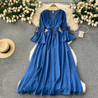 Purple/Green/Red Pleated Maxi Long Dress Women Vintage V-Neck Flare Sleeve Draped Ruffle Vestido Female Maxi Robe Summer Lootquake LLC