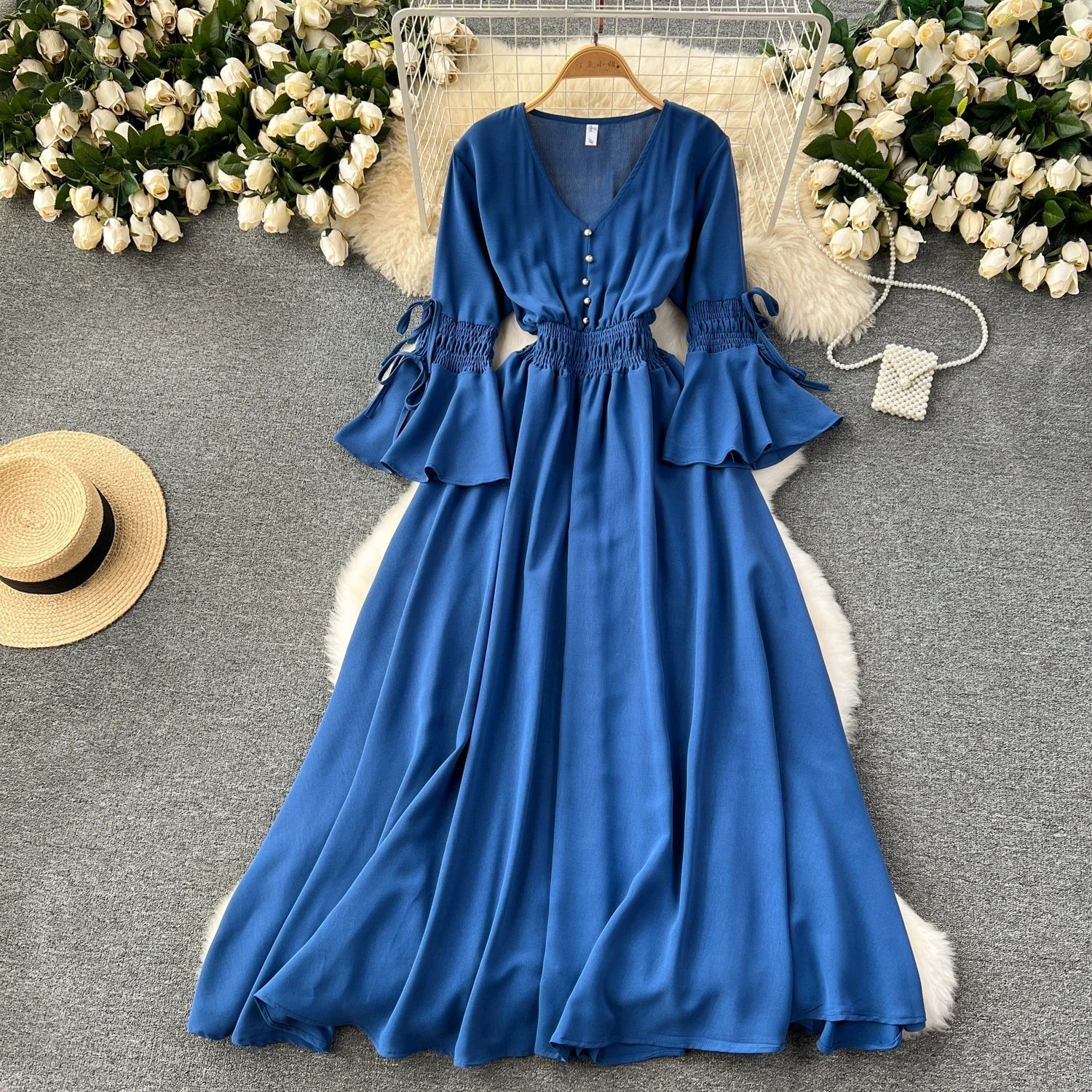 Purple/Green/Red Pleated Maxi Long Dress Women Vintage V-Neck Flare Sleeve Draped Ruffle Vestido Female Maxi Robe Summer Lootquake LLC