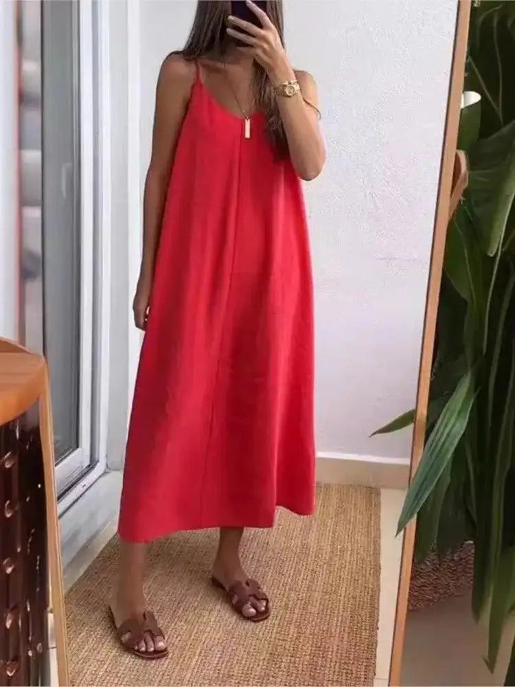 Summer Loose Spaghetti Strap Dresses Women Solid Color V-neck Casual Commuting Sleeveless Long Dress Female Fashion New Vestidos