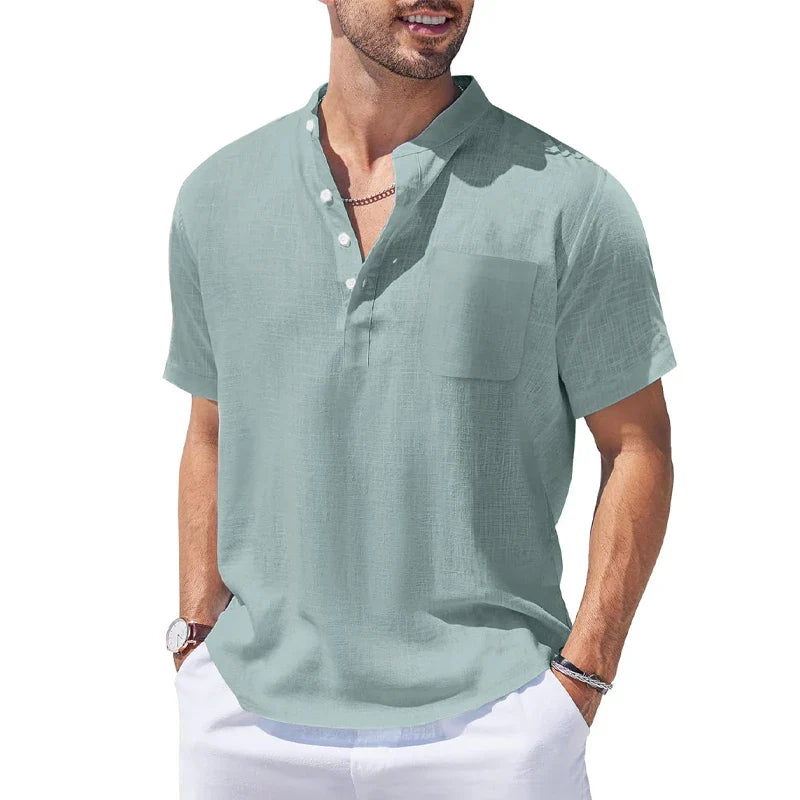 New Mens Henley Short Sleeve Casual Shirt Summer Cotton Shirts Beach Shirts Banded Collar Tshirts lightweight Shirts with Pocket Lootquake LLC