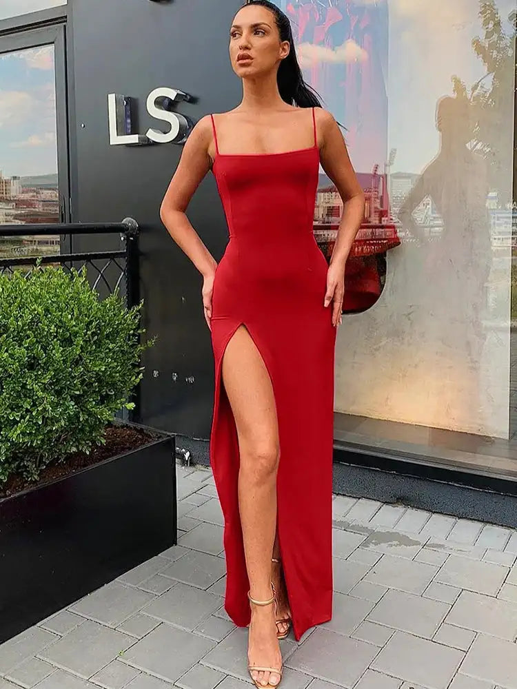 Summer Sexy Dress Women's New Slim Slim Fit Open Back Sexy Split Dress Long Dress Street Style Retro Dress Elegant Robe