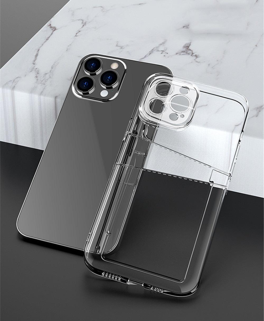 Transparent Shockproof Dual Card Slot Holder Phone Case For iPhone 13 12 11 Pro Max XR X XS Max 7 8 Plus 14Pro Wallet Transparent Soft Cover Card Storage Bumper Case For iPhone Stevvex