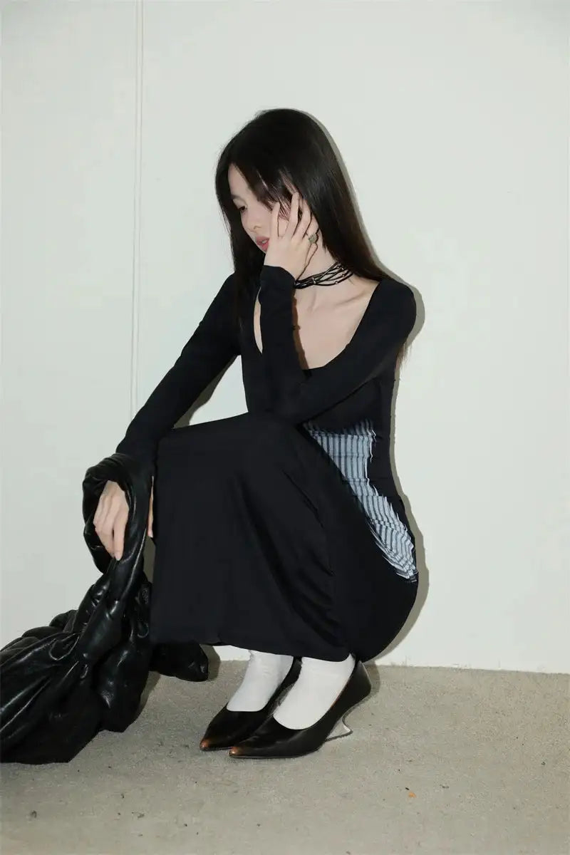 Y2K Sexy Long Sleeved Print Design Long Dress Elegant Slim Square Necked Dress Woman Street Style Wrapped Hip Skirt