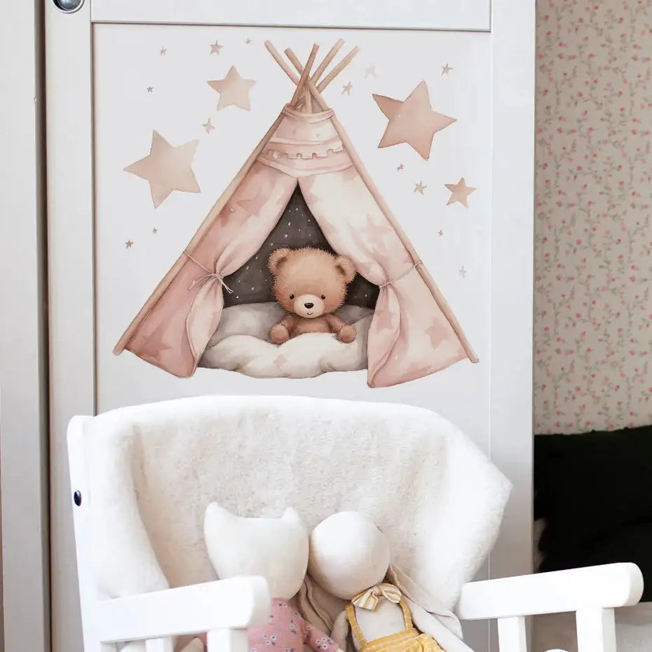 Cartoon Teddy Bear Tent Stars Wall Stickers for Kids Room Nursery Baby Room Decoration Wall Decals Room Interior