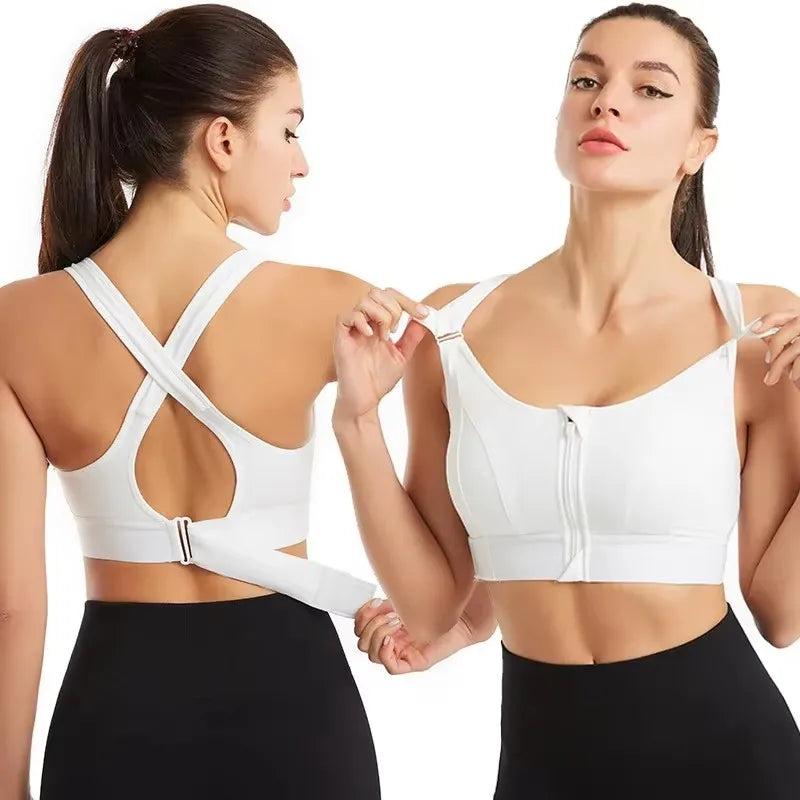 Front Zipper Adjustable Strap Athletic Bra