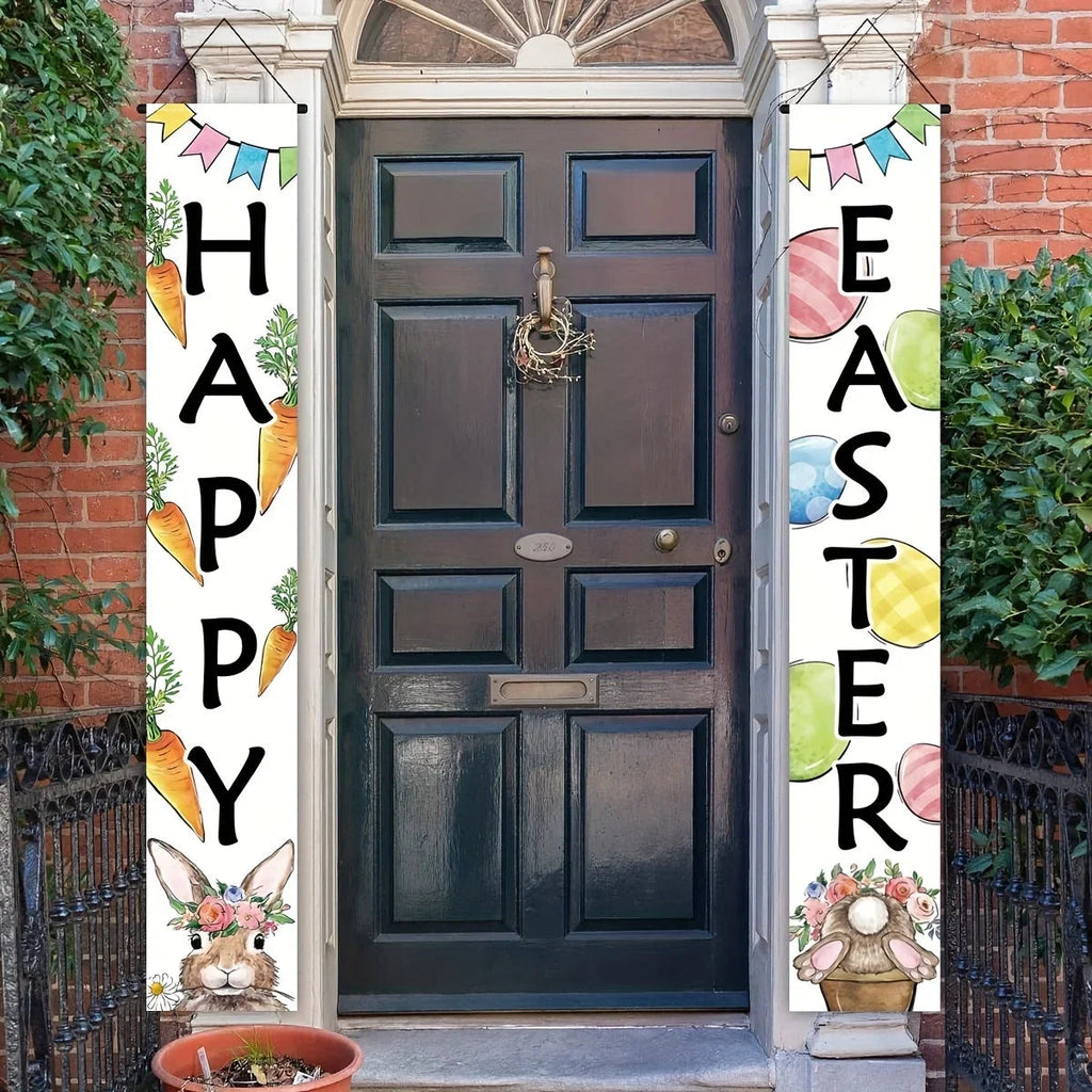 Happy Easter 2PC  Bunny Door Banners Polyester Easter Egg Decorative Flags for Outdoor Indoor Holiday Easter Decoration 2025 Lootquake LLC