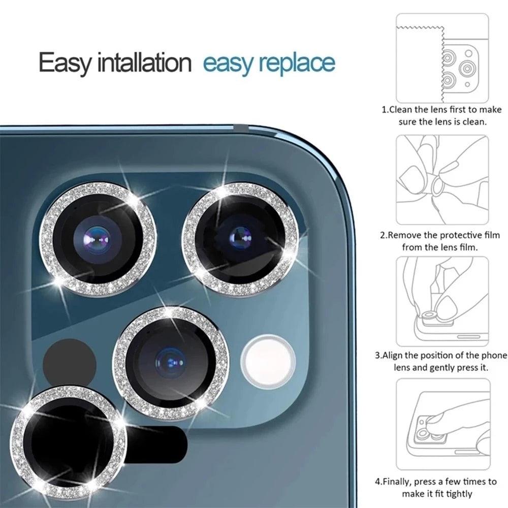 9H Tempered Glass Camera Cover Screen Protector Metal Individual Ring For iPhone Phone Glitter Camera Lens Protector Film For iPhone 14 13 12 11 Pro Max Luminous Lens Metal Glass Protective Cover Stevvex